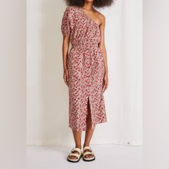 NWOT Apiece Apart Palma One Shoulder Red Mango Bouquet Print Midi Dress Sz-L - Picture 1 of 10